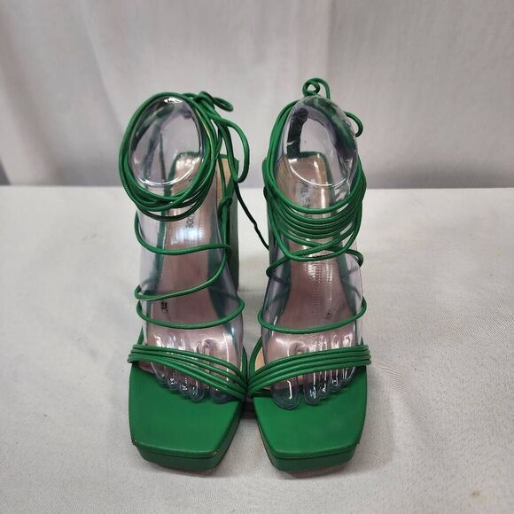 Steve Madden Manzie Green Lace Up Block Heel Squared Open Toe Heeled Sandals 9 - Picture 6 of 14